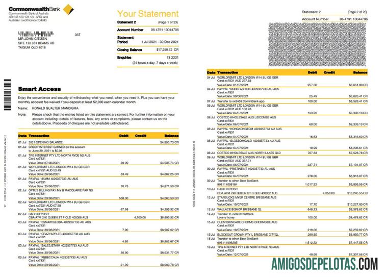 Modelo de extrato bancário da Commonwealth da Austrália para impressão em formato Word e PDF, 23 páginas
